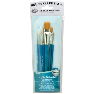 Royal & Langnickel 9100 Series Zip N' Close Brush Set: Teal Blue, Gold Taklon, Glaze Wash 3/4", Shader 2, 8, Liner 2, Round 5/0, 0, 5