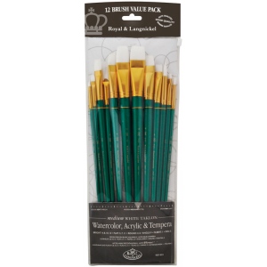 Royal & Langnickel 9300 Series Value Brush Pack: White Taklon, Bright 4, 8, 10, 12, Flat 3, 7, 11, Round 2, 6, Angle 9, Filbert 1, Fan 5