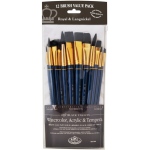 Royal & Langnickel 9300 Series Value Brush Pack: Black Taklon, Bright 14, 24, Flat 12, 20, 22 Round 2, 10, 16, 18 Angle 4, 8, Fan 6